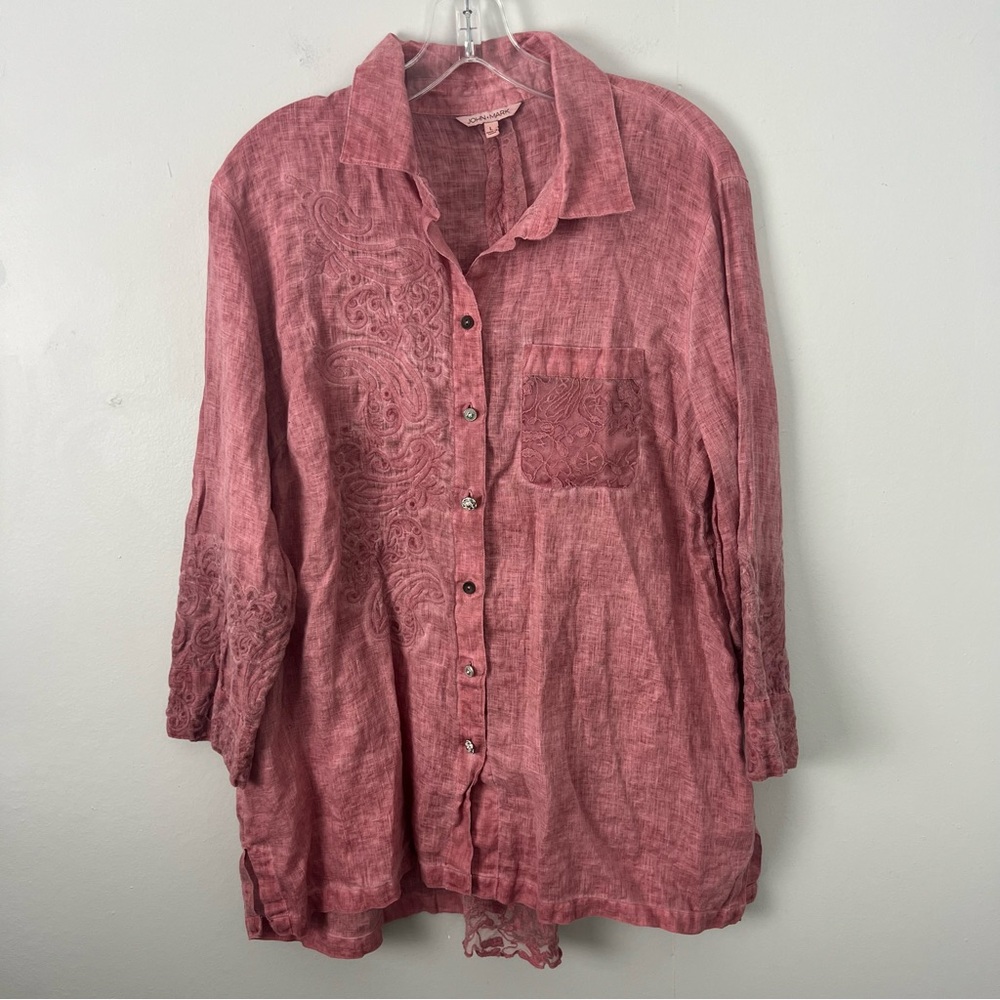 John Mark Embroidered Linen Blend Lace Top